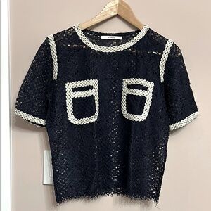 RARE Uterque/chanel look Navy Lace Top with White Trim size M